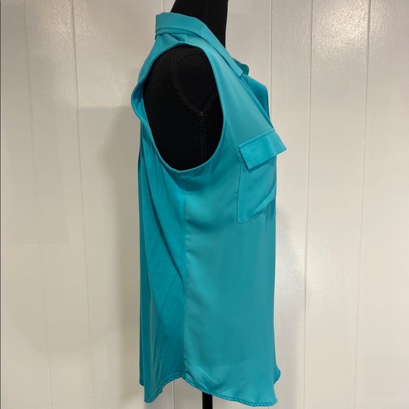 LOFT Blouse V-Neck Sleeveless Mixed Media Turquoise Blue Green Size Large - Picture 7 of 9